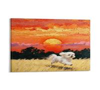 Cuadro En Lienzo Long-haired Perro Maltés Impresión En Lienzo Hierba al Sol Rojo Cuadros Decoracion Salon Para Dormitorio Salón Vestíbulo Regalos Creativos 12x18inch(30x45cm)