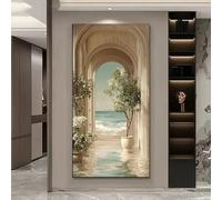 Cuadro en lienzo moderno con arco costero frente al mar, arte mural con exuberante vegetación y vista al océano para la decoración de la sala de estar (80 x 160 cm).