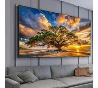 Cuadro en lienzo que representa una puesta de sol tras un árbol en la playa, decoración moderna para la pared del salón (50 x 100 cm).