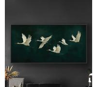 Cuadro en lienzo "Una fila de grullas volando" - Lámina decorativa minimalista verde con paisaje natural para pared - Decoración del hogar (55 x 110 cm)
