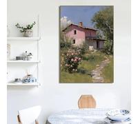 Cuadro en lienzo vintage con diseño de casa de campo rústica de primavera, con paisaje de jardín de rosas, póster impreso, imagen de pared para decoración del hogar (60 x 90 cm)