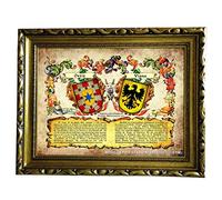 Cuadro escudos heráldicos de 2 apellidos con los escudos y los orígenes. Fondo envejecido tipo pergamino antiguo. Regalo original Boda para los novios o Aniversario.