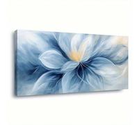 Cuadro floral abstracto moderno en lienzo - Arte mural floral azul de ensueño con lienzo envuelto, decoración con detalles en azul marino y dorado (50 x 100 cm/sin marco)