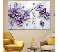 Cuadro floral morado sobre lienzo: flores y mariposas en tonos oscuros, decoración para dormitorio y baño, póster de mariposas (80 x 110 cm, sin marco)