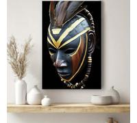 Cuadro geométrico de máscara africana sobre fondo negro y dorado. Póster vintage de gran tamaño para sala de estar (21x30cm/Sin marco).