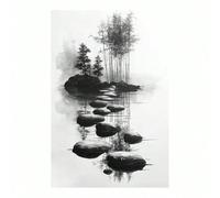 Cuadro grande en blanco y negro para salón, con diseño de camino de piedra con bambú y árboles (70x90cm/sin marco).