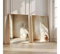 Cuadro impreso con diseño mediterráneo neutro en tonos beige de ramas de olivo y jarrones de terracota, ideal para la decoración del salón (40x60cm x 2/marco interno).