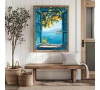 Cuadro impreso en lienzo con diseño retro mediterráneo de una chica surfista en la playa, un limonero y una sombrilla a rayas, ideal para decoración del hogar (70x100 cm/sin marco).