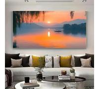 Cuadro impreso en lienzo con la imagen de un pequeño bote en un lago al atardecer, con sauces llorones (70 x 140 cm).