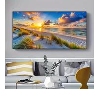 Cuadro impreso en lienzo con un hermoso paisaje de playa al amanecer, dunas, océano y golfo. Póster moderno para decoración del hogar y sala de estar (60 x 120 cm).