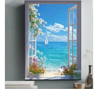 Cuadro impreso en lienzo con vista al mar, que muestra una ventana abierta, una playa y un velero. Obra de arte para la decoración del salón (60x80 cm/sin marco).
