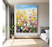 Cuadro impreso en lienzo | Pintura impresionista de un colorido campo de tulipanes | Arte floral para pared | Flores amarillas, rosas y blancas para sala de estar (40x60cm/Sin marco)