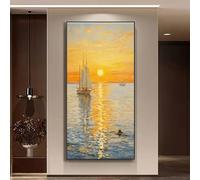 Cuadro impreso "Navegación tranquila" estilo crema con amanecer en el mar, paisaje sencillo y abstracto para decoración del hogar (40 x 80 cm).