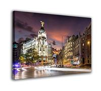 Cuadro Lienzo Gran Via de Madrid con Cielo Rosado - Varias Medidas - Lienzo de Tela Bastidor de Madera de 3 cm - Impresion en Alta resolucion (120, 71)