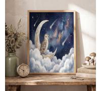 Cuadro Lienzo Luna Creciente Búho Nubes Marinas, Tema De Cuento De Hadas De Cielo Estrellado Sobre Lienzo Moderno Cuadros Pared Salón Comedor Dormitorio Arte Contemporáneo 70×100 cm, Azul Oscuro