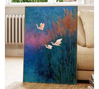 Cuadro minimalista de grulla de corona roja volando sobre un lago, arte mural, impresión de naturaleza, pintura sobre lienzo de pájaro blanco, decoración de habitación zen (60x80CM/sin marco)