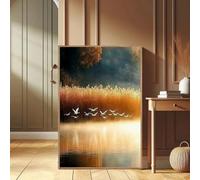 Cuadro minimalista de grulla de corona roja volando sobre un paisaje lacustre. Impresión de naturaleza. Cuadro de pájaro blanco sobre lienzo. Decoración para habitación zen (50 x 75 cm).