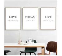 Cuadro minimalista para decoración de habitación, póster motivacional de amor y sueños, con citas sencillas en blanco y negro, lienzo impreso (60 x 90 cm, 3 unidades)