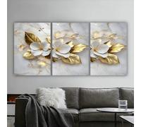 Cuadro moderno abstracto de flores blancas y hojas doradas, lienzo para pared, para cocina, sala de estar, decoración del hogar (70x90cmx3, sin marco)
