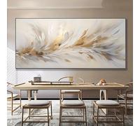 Cuadro moderno abstracto de plumas en lienzo, color dorado, gris y blanco, arte de pared contemporáneo para sala de estar y dormitorio (30x60cm)
