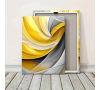 Cuadro moderno abstracto geométrico de líneas en lienzo con remolinos amarillos y grises para pared, ideal para sala de estar (70x110cm/marco interior).