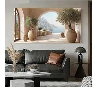 Cuadro moderno de estilo mediterráneo costero con olivos, impresión sobre lienzo para salones y dormitorios (40 x 80 cm/sin marco).
