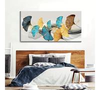 Cuadro moderno de hojas para pared, lámina abstracta grande para pared - Lienzo azul y amarillo para decoración de sala de estar u oficina (45x85cm)