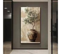 Cuadro moderno de olivo en jarrón rústico sobre lienzo, arte mural de gran formato, ideal para la decoración de interiores del salón, dormitorio o cualquier otra estancia (30x60 cm).