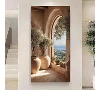Cuadro moderno de olivo en maceta y paisaje marino sobre lienzo. Láminas decorativas de la costa mediterránea para la decoración del hogar (60x120cm/sin marco).