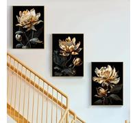 Cuadro moderno en lienzo con flores negras y doradas, pósteres, obras de arte de pared para sala de estar, dormitorio, pasillo, decoración del hogar (60 x 80 cm x 3, sin marco)