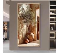 Cuadro moderno mediterráneo con olivo, lienzo con diseño de ramas de olivo en paneles neutros para la decoración del salón (50x100cm/marco interno).