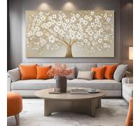 Cuadro Moderno Tonos Neutros Pintura Óleo Diseño Elegante Árbol de la Vida y Flores Lienzo Decorativo Impreso para Pared, Arte Acogedor para Renovar tu Gran Salón o Estudio Sin Marco 150l x 50an cm