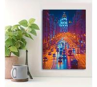 Cuadro nocturno de la ciudad, arte mural de una calle concurrida del centro, impresión en lienzo de luces de la ciudad en tonos morados y azules (40x50cm/sin marco)