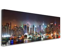 Cuadro Panorama New York by Night - Impresión fotográfica de la ciudad sobre lienzo, decoración de pared, paisaje - Decoración para casa, cocina, sala de estar, dormitorio adulto - Multicolor, 150 x