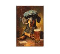 Cuadro Para Pared, Mascota Impresión De Arte, Perro Salchicha Con Gorra Fumando Y Bebiendo Cerveza, Estilo Pintura Clásica Para Decoración Interior, Lienzo De Diseño, Regalo 08x12inch(20x30cm)