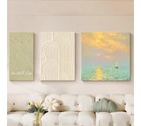 Cuadro Para Salón En Tonos Crema, Tríptico Abstracto Texturizado Con Un Paisaje Marino Al Amanecer, Ideal Para Colocar Encima De Un Sofá Modular O Como Decoración De Pared(D,30x60cm)