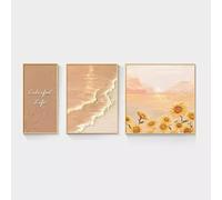Cuadro Para Salón En Tonos Crema, Tríptico Abstracto Texturizado Con Un Paisaje Marino Al Amanecer, Ideal Para Colocar Encima De Un Sofá Modular O Como Decoración De Pared(T,30x60cm)