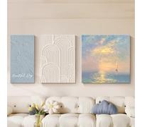 Cuadro Para Salón En Tonos Crema, Tríptico Abstracto Texturizado Con Un Paisaje Marino Al Amanecer, Ideal Para Colocar Encima De Un Sofá Modular O Como Decoración De Pared(A,40x80cm)