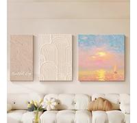 Cuadro Para Salón En Tonos Crema, Tríptico Abstracto Texturizado Con Un Paisaje Marino Al Amanecer, Ideal Para Colocar Encima De Un Sofá Modular O Como Decoración De Pared(B,35x70cm)