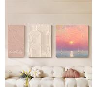 Cuadro Para Salón En Tonos Crema, Tríptico Abstracto Texturizado Con Un Paisaje Marino Al Amanecer, Ideal Para Colocar Encima De Un Sofá Modular O Como Decoración De Pared(C,40x80cm)