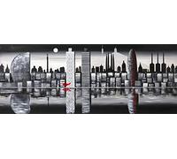 Cuadro Pintado Skyline Barcelona de Noche 148x60 cm 100% Original, Sobre Lienzo, Listo para Colgar en la Pared