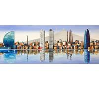 Cuadro Pintado Skyline de Barcelona Azul 148x60 cm, Torre Agbar, Colón, Tibidabo, Sagrada Familia...100% Original sobre lienzo, listo para colgar, pintado a mano, firmado por el artista