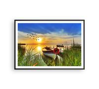 Cuadro Poster de Pared 100x70cm Barco lago puesta del sol verano la gente Art