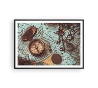 Cuadro Poster de Pared 100x70cm Póster Marco Brújula Vintage Mapa Wall Art