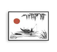 Cuadro Poster de Pared 100x70cm Póster Marco China Pescador Dibujo Wall Art