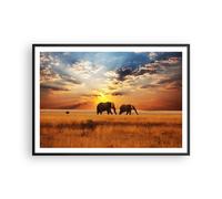 Cuadro Poster de Pared 100x70cm Póster Marco Elefantes Safari selva arbusto Art