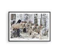 Cuadro Poster de Pared 100x70cm Póster Marco Manada Lobos Invierno Wall Art