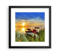 Cuadro Poster de Pared 30x30cm Barco lago puesta del sol verano la gente Art