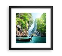 Cuadro Poster de Pared 30x30cm Marco Barco acantilados naturaleza rocas Art