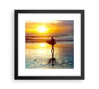 Cuadro Poster de Pared 30x30cm Marco Surfista puesta de sol océano bordo Art